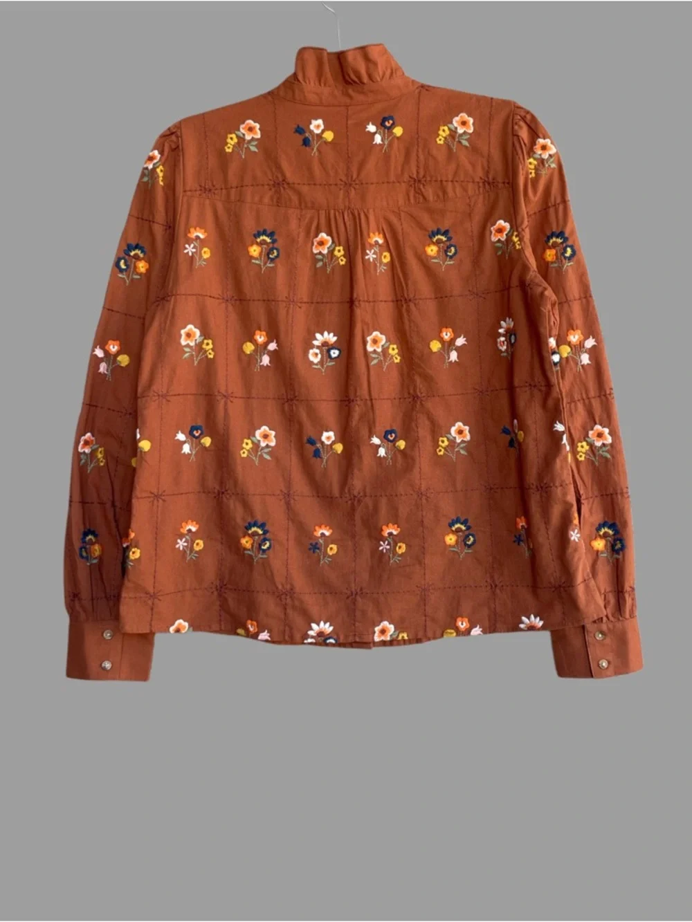 SEZANE Rust Orange Blue Floral Embroidered Ruffle Button Down Shirt Chlo Blouse - Picture 8 of 17